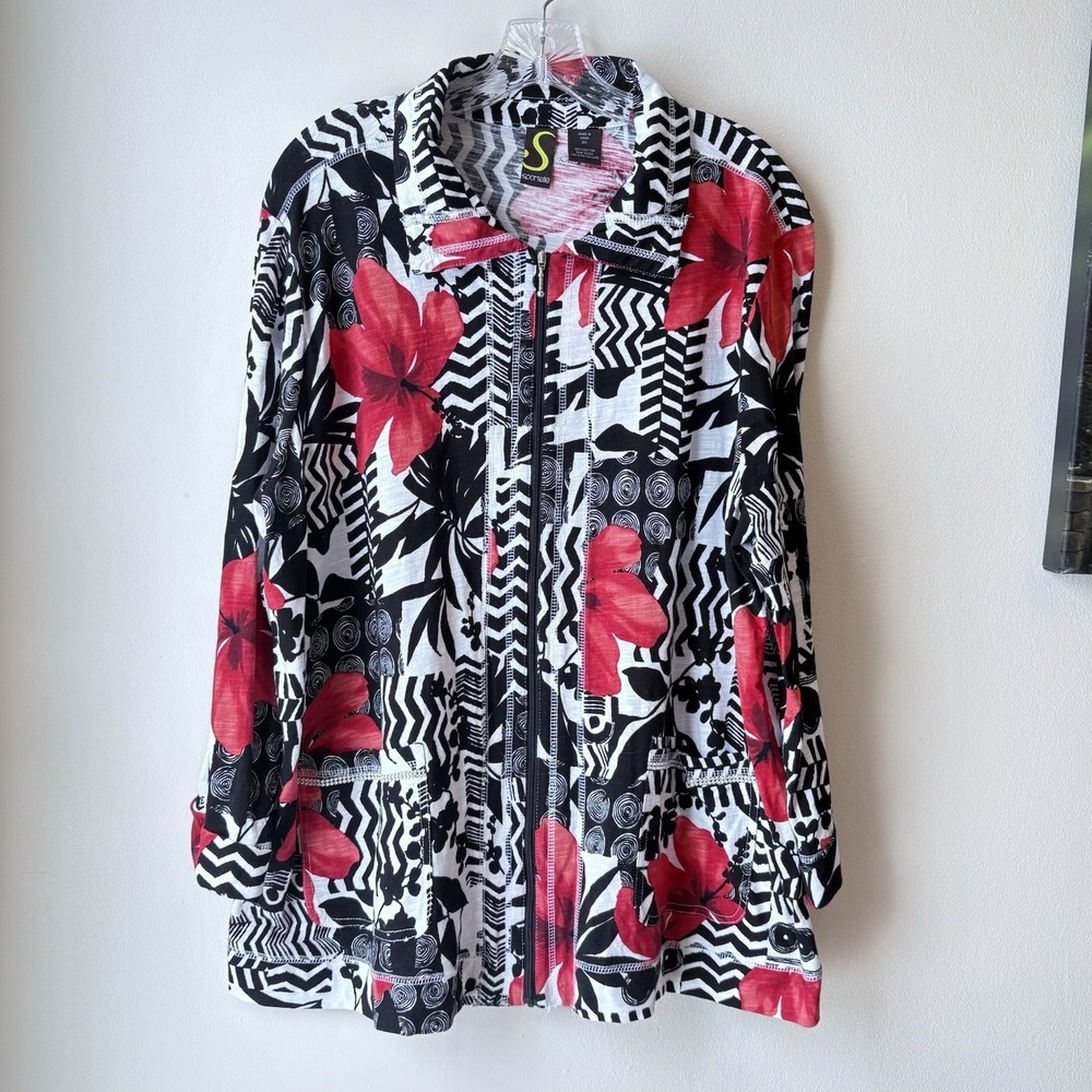 Spartelle Artsy Full Zip Top 2X Red Multi Cotton Colorful Boho